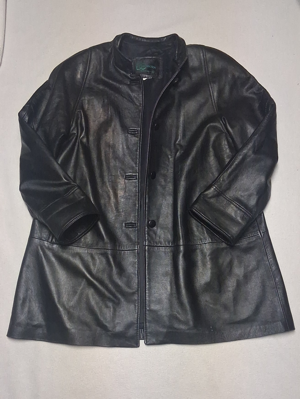 VINTAGE DC Collection Black Leather Button-Front Longline Mid-Length Coat Medium
